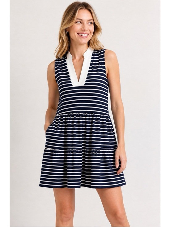 Eliza J Dresses & Skirts - Eliza J Nautical Coastal Sailor Stripe Tiered Mini Dress Navy & White Striped xs